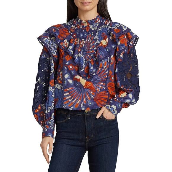 Farm Rio Pineapple Flowers Navy Ruffled Blouse Size XS - Picture 9 of 16